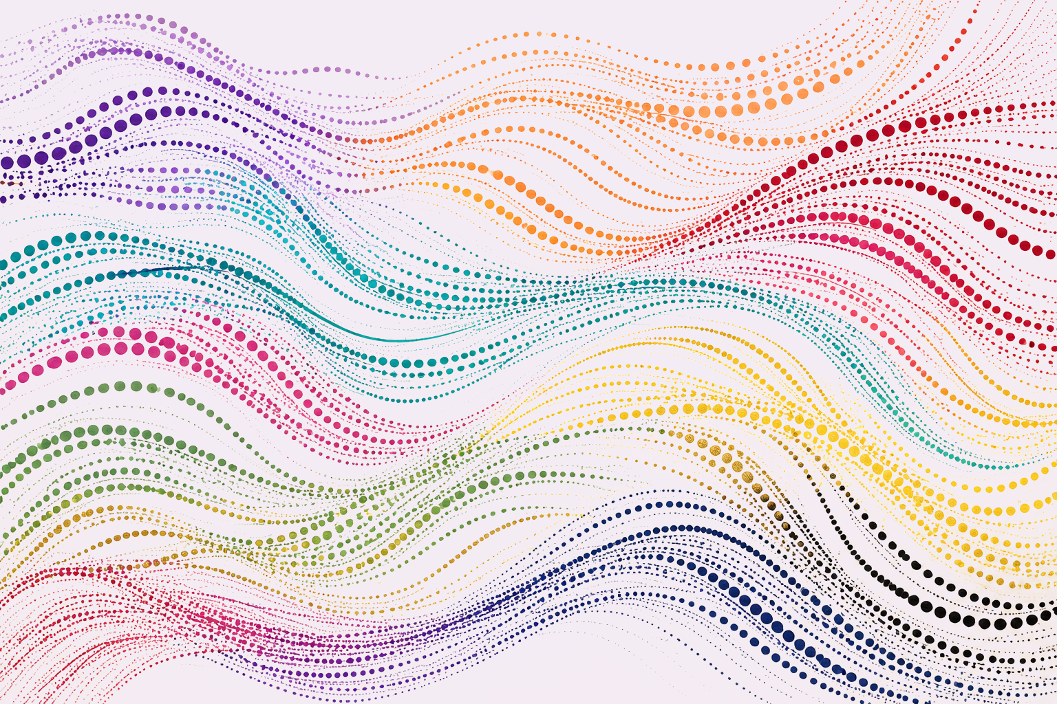 Abstract dotted wave graphic in purples, oranges, reds, teal, pinks, greens, yellows, and navy — inspired by community responses about mothers' favorite colors.